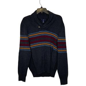 Gap Shawl Collar Sweater Size Medium Gray With Burgundy Blue Yellow Stripes Mens